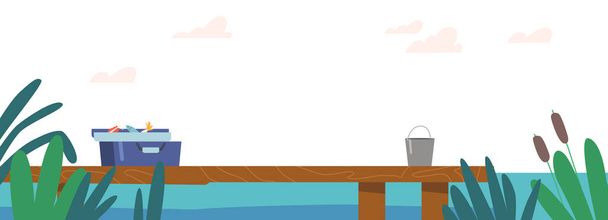 Houten pier aan de rivier, meer of vijver landschap, houten werf met emmer en doos met knelpunten op schilderachtige achtergrond - Vector, afbeelding