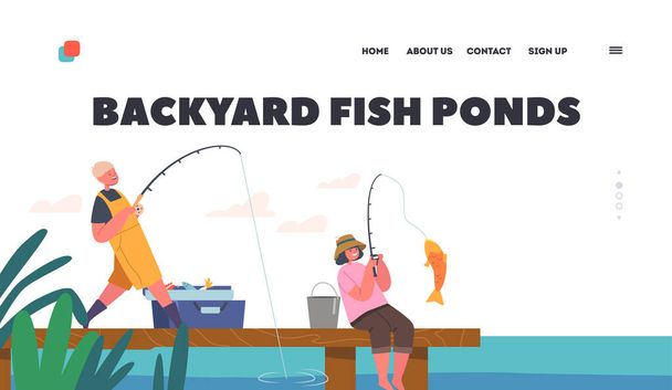 Podwórko Stawy rybne Landing Page Template. Dzieci wędkowanie z wędkami na drewnianym jeziorze molo, chłopiec i dziewczyna rybacy zabawa - Wektor, obraz