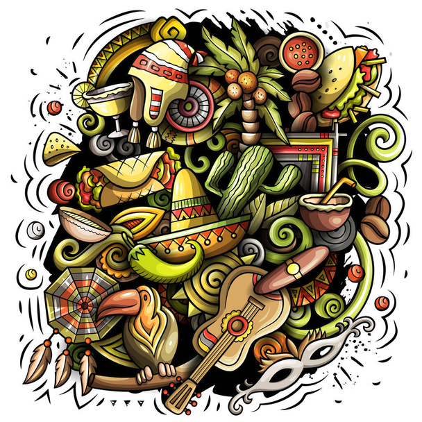 Latin Amerika çizgi film raster illüstrasyonu. Bir sürü Latin Amerika nesnesi ve sembolü olan renkli, detaylı bir kompozisyon. Tüm ögeler ayrıdır - Fotoğraf, Görsel