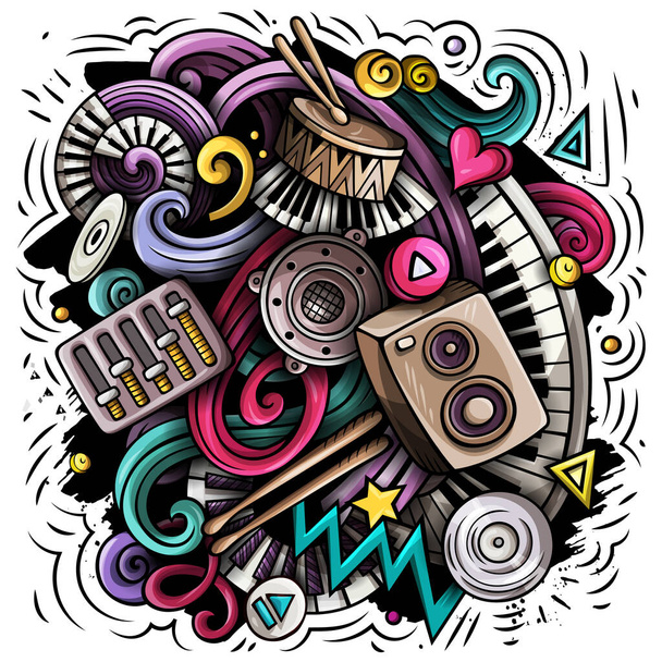 Musik-Cartoon-Raster-Illustration. Farbenfrohe Detailkomposition mit vielen musikalischen Objekten und Symbolen. Alle Elemente sind getrennt - Foto, Bild