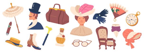 Set de artículos del siglo XIX Paraguas, Puros, Valise Bag, Relojes de Bolsillo y Gafas. Bastón de caminar, sombrero, botas y guantes - Vector, imagen