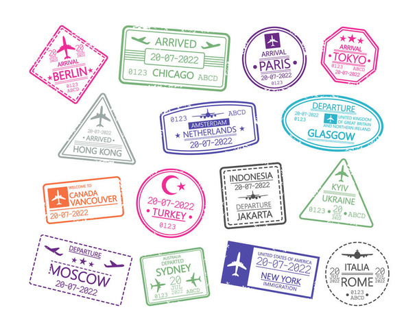 Pasaport pulları, Visa seyahat işaretleri. Havaalanı denetimi, Göçmenlik, Uluslararası Kalkış, Varış Belgesi - Vektör, Görsel