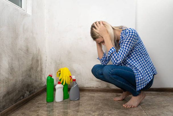 Young shocked blonde woman in blue jeans and a shirt is squatting with cleansers near a wall with black mold and holding her head with her hands. Cleaning concept - Φωτογραφία, εικόνα
