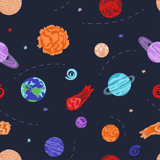 Seamless cute space pattern. Planets, metheorites nebulas and stars. Cosmic childish background. Hand drawn universe vector illustration. - Vector, Image