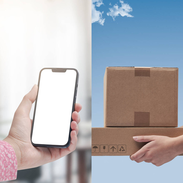 User ordering products online using a smartphone and courier carrying delivery boxes: e-commerce and online shopping concept - Photo, Image
