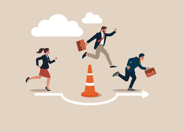 Businessman and businesswoman run the way around and jump pass traffic pylon roadblock. Overcome business obstacle, blocker, effort to break through road block, solution to solve business problem - Vector, Image