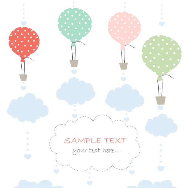 Baby arrival card with balloon and clouds greeting vector - Vector, Image