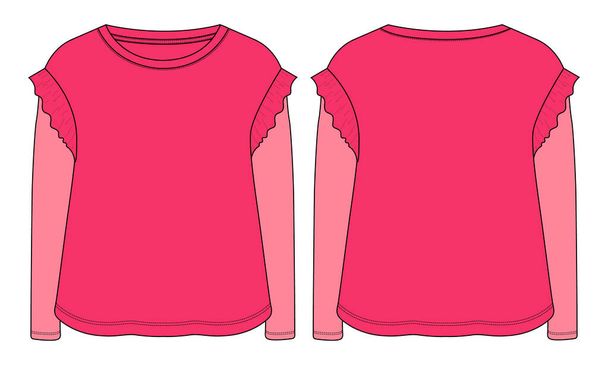 Long sleeve blouse design template for baby girls. Technical Fashion flat sketch vector illustration mock up front and back views isolated on white background. - Vettoriali, immagini