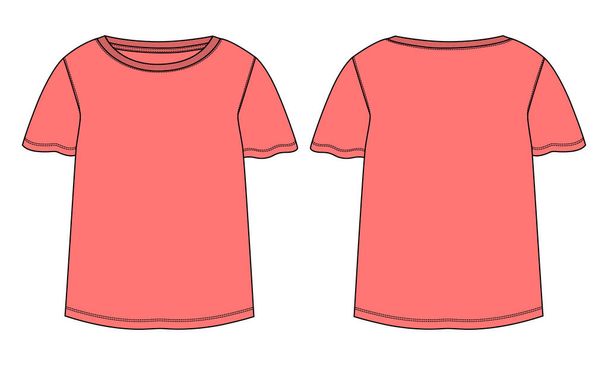 Vaaleanpunainen t-paita. Malli pikkutytöille ja naisille. Puuvillakangas vaatteet mock edessä ja takana näkymät. - Vektori, kuva
