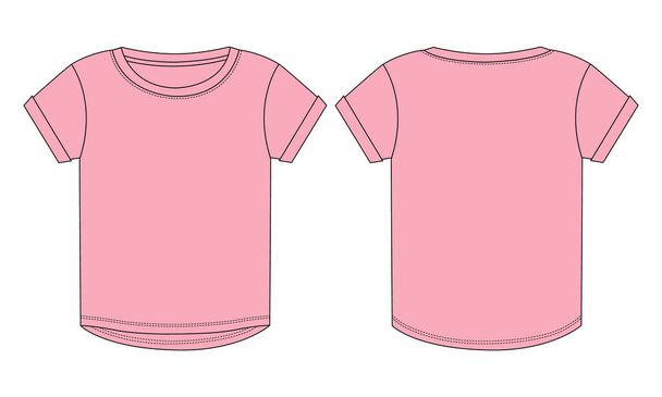 Short sleeve round neck Technical Sketch flat fashion T-shirt Template for baby girls - Διάνυσμα, εικόνα