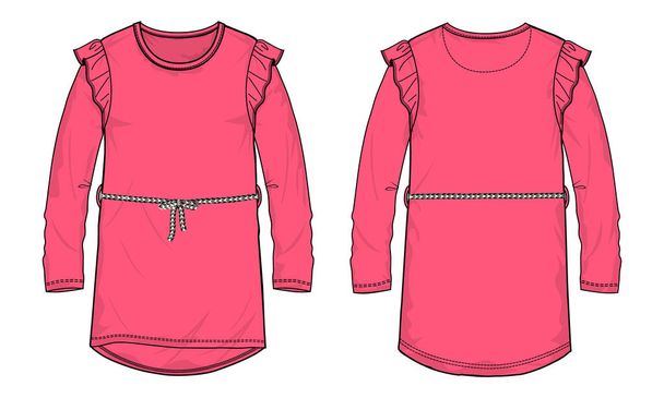 Round neck long sleeve dress for ladies and kids. Overall technical fashion sketch vector template front and back view. - Vector, Image