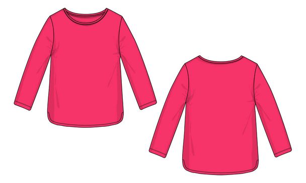 Long sleeve Crew neck with round hem Technical Sketch Fashion Template Front and back view.  - Vector, Image