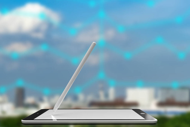 Elektronikus technológia tabletta notebook számítógép laptop okostelefon mobil ceruza érintőképernyős kommunikáció digitális internet modul online társadalmi távolság covid-19 corona vírus kék ég város.3D Render - Fotó, kép
