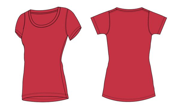 Kısa kollu bayanlar tişörtü Teknik moda taslak Vektör illüstrasyon şablonu Ön ve arka görünüm. - Vektör, Görsel