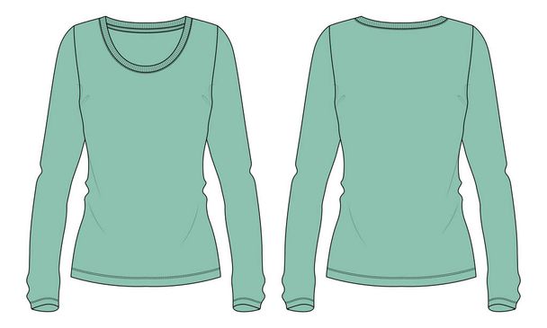 Slim fit Langarm T-Shirt technische Mode flache Skizzenvorlage für Damen, Vorder- und Rückansichten. - Vektor, Bild