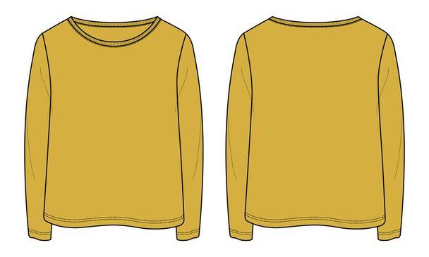 Long sleeve T shirt tops technical fashion flat sketch vector Illustration, color template for ladies. Basic apparel Design Women's unisex  - Vector, Image