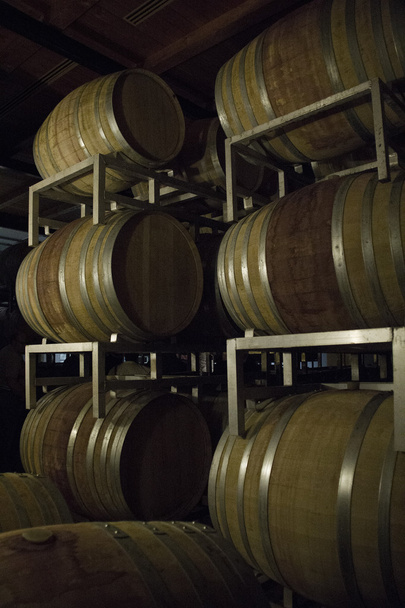 Wine barrels stacked in cellar area of vinery - Photo, Image