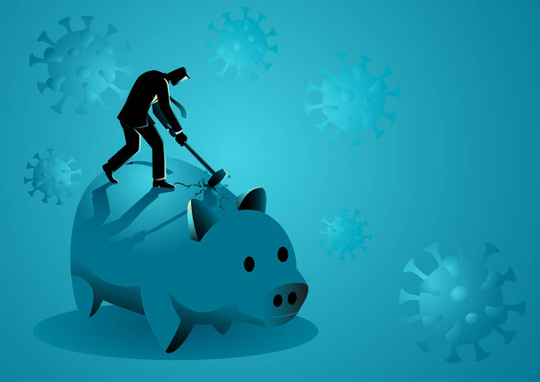 Business concept vector illustration of businessman smashing giant piggy bank during pandemic, needs emergency money, using money in financial crisis concept - Vector, Image