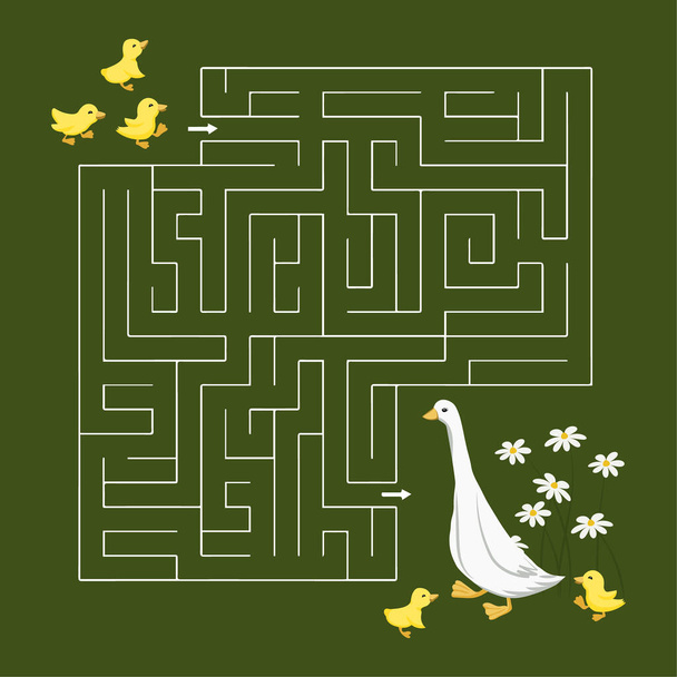Gyermek oktatási labirintus egy liba és aranyos goslings. Oktatási illusztráció óvodások számára, nyomtatás, vektor - Vektor, kép