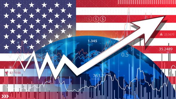 Economic Growth in United States. Economic Forecast for the US Economy. Up arrow in the chart against the background of the US flag. - Photo, Image