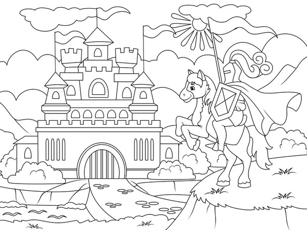 Knight near the gates of the old castle. Page outline of cartoon. Raster illustration, coloring book for kids. Doodle page. Children background. - Photo, Image