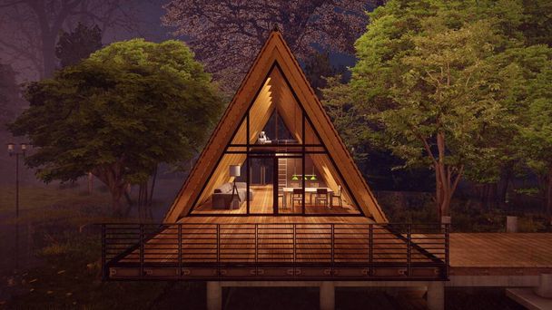 современные концепции дизайна дома треугольника на фоне озера леса ночью просматривать свет на 3D иллюстрации - Фото, изображение