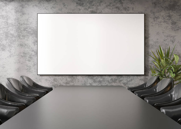 Conference room with blank, empty TV screen. Monitor mock up. Business meeting room with LCD screen for presentation, advertising. Modern, contemporary office. Copy space, template. 3d rendering - Photo, Image