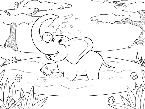 L'éléphant se baigne dans la rivière. Savane africaine. Animal sauvage, zoo. Aperçu de la page de dessin animé. Illustration matricielle, livre de coloriage pour enfants. Page Caniche. Contexte des enfants. - Photo, image