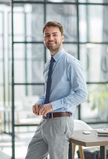Young cheerful businessman working at office - Foto, Bild