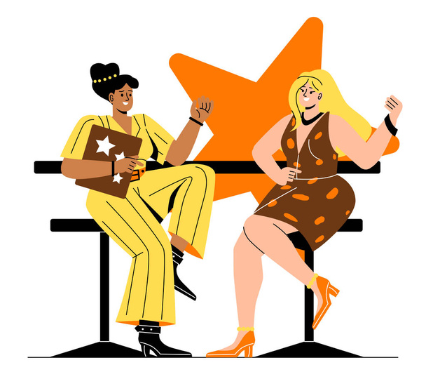 Celebrities at interviews concept. Famous woman communicates with host of evening show. Actress or model attends events as guest and answers questions. Cartoon flat vector illustration in doodle style - Vector, Image