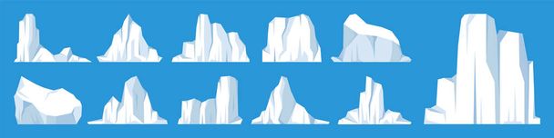 Colección de icebergs flotantes. Glaciar ártico a la deriva, bloque de agua congelada del océano. Montañas heladas con nieve. Derretimiento del pico de hielo. Paisaje nevado antártico. Polo Sur y Polo Norte. Ilustración vectorial - Vector, imagen