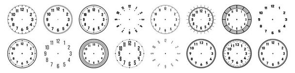 Mechanical clock faces with arabic numerals, bezel. Watch dial with minute, hour marks and numbers. Timer or stopwatch element. Blank measuring circle scale with divisions. Vector illustration. - Vetor, Imagem