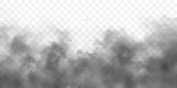 Μαύρος ρεαλιστικός καπνός, σύννεφα σκόνης. Βρώμικο νέφος ή ομίχλη με σωματίδια βρωμιάς. Ατμοσφαιρική ρύπανση, ομίχλη. Καπνός από φωτιά ή έκρηξη. Εικονογράφηση διανύσματος. - Διάνυσμα, εικόνα
