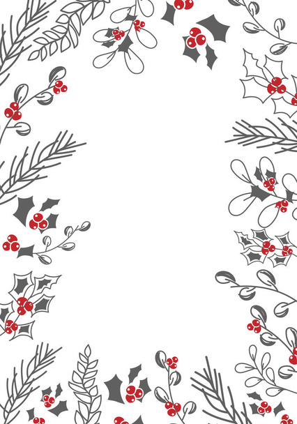 Vector. Merry Christmas and Happy New Year floral background, copy space for your text. Rustic vertical frame template for Christmas cards, wedding invitations, party invitation. Hand-drawn sketch. - Διάνυσμα, εικόνα
