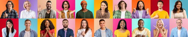 Хвилини радості. Portraits Of Diverse Happy Excited People Posing Over Bright Studio Backgrounds, Creative Collage With Group of Joyful Multiethous Men And Woman Over Colorama - Фото, зображення