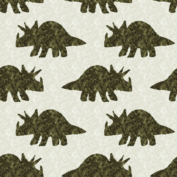 Green hand drawn triceratops dinosaur seamless pattern. Gender Neutral Jurassic fossil silhouette for baby nursery. Gender neutral home decor for museum, extinction and textile design - Photo, Image