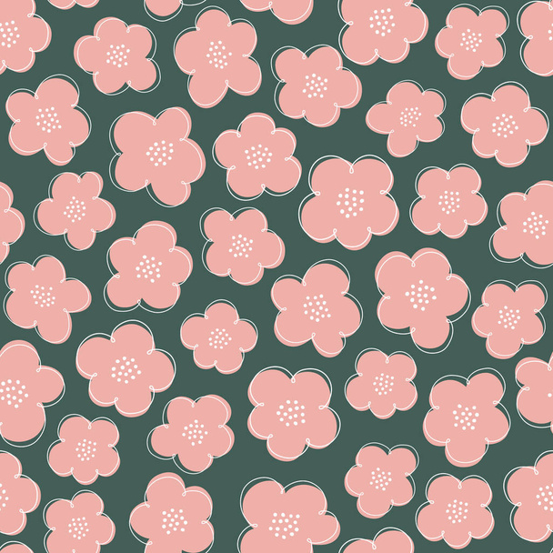 Modern seamless pattern with vintage vector groovy flowers. Playful pink flowers silhouettes on a green background. Surface design, textile, stationery, wrapping paper and covers - Vector, Image