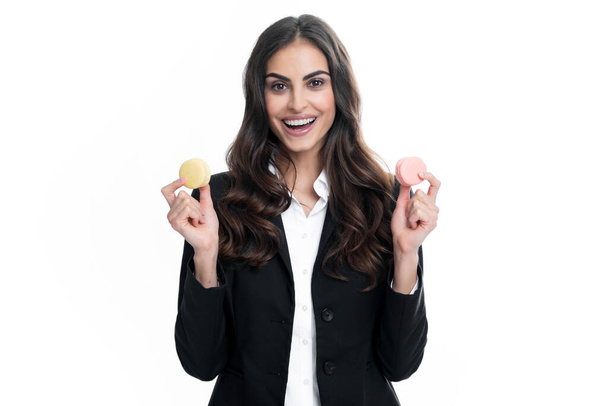 portrait of stylish beautiful pretty cute she her girl with sweets cookies macaroon isolated on white background - Φωτογραφία, εικόνα