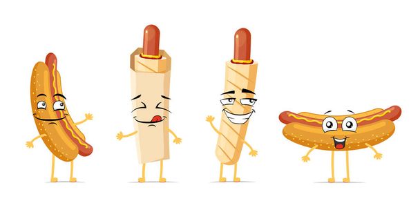 Hot dog grappige glimlachende tekenfilm karakter set. Gekookte Franse worst in broodje leuke vrolijke gezicht uitdrukking mascotte collectie. Verschillende fast food vrolijke komische emoticons vector eps illustratie - Vector, afbeelding