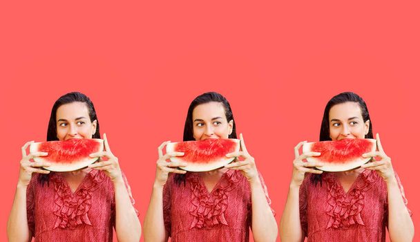 Pattern of cheerful woman holding a piece of sliced watermelon on a colorful background. Summer concept - Fotografie, Obrázek