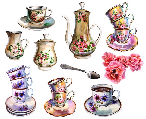 Conjunto de acuarelas de porcelana platos, tazas, platillos, cucharadita, flores rosadas. Diseño para menús, postales, fiestas - Foto, imagen