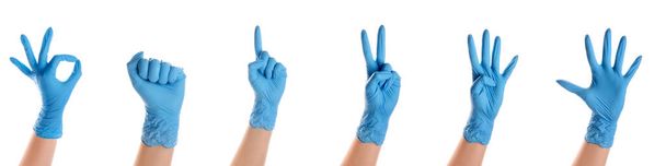 Zestaw gestykulacyjnych dłoni w rękawiczkach medycznych na białym tle - Zdjęcie, obraz