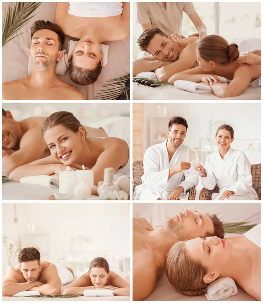Collage mit jungen Paaren beim Entspannen im Wellness-Salon - Foto, Bild