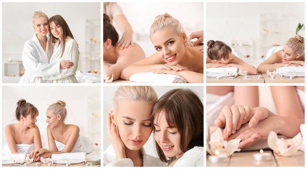 Collage con giovane coppia lesbica rilassante nel salone spa - Foto, immagini