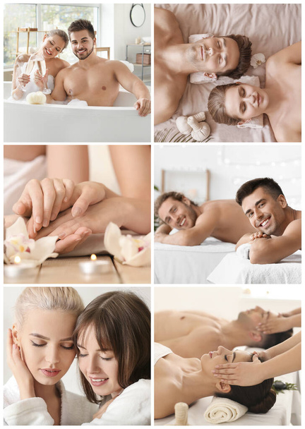 Collage met jonge koppels ontspannen in spa salon - Foto, afbeelding