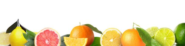 Mnoho čerstvých citrusových plodů na bílém pozadí s prostorem pro text - Fotografie, Obrázek