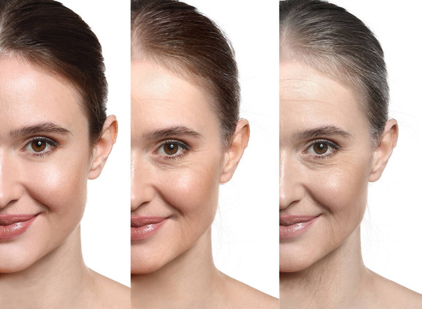 Retratos de mulher em diferentes estágios de envelhecimento em fundo branco - Foto, Imagem