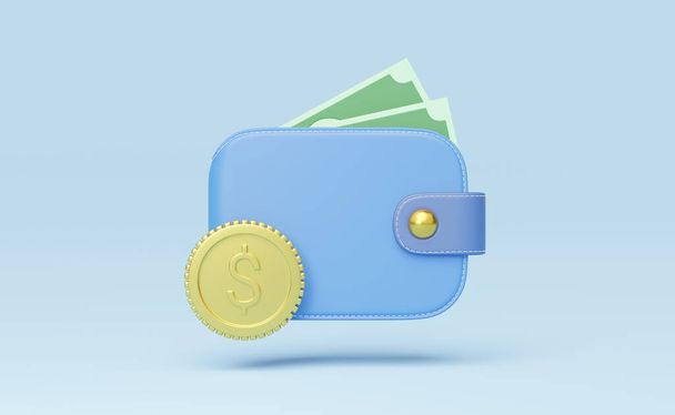 Cash money into wallet, coin float on blue background. Mobile banking and Online payment service. Saving dollar wealth and business financial concept. Transfer and Currency exchange online. 3d render. - Photo, Image