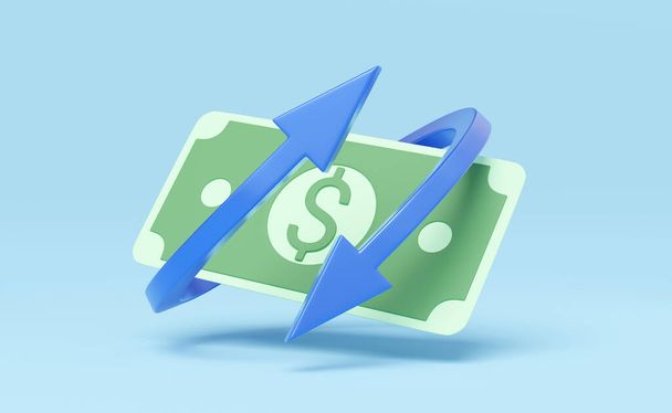 Arrow that circle cash money floating on blue background. Mobile banking and Online payment service. Cashback and refund. Transfer arrows icon and Currency exchange online. Saving dollar. 3d render. - Photo, Image