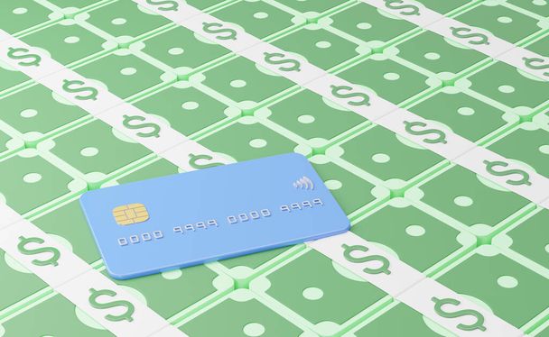 Credit card placed bundles cash pile on blue background. Mobile banking and Online payment service. Borrow money of business. Loan approval. Bonus cash back and refund. Cashback icon 3d render. - Photo, Image